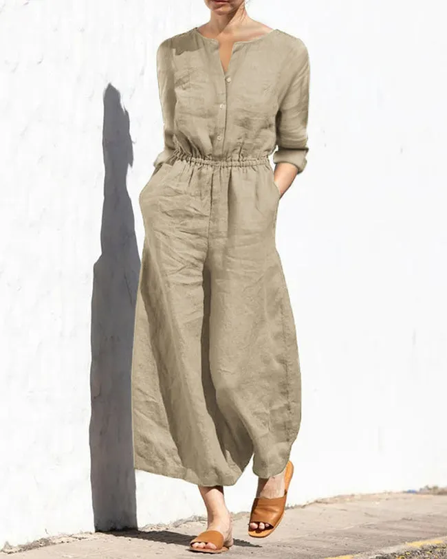 Casual Solid Pocket V Neck Loose Jumpsuits