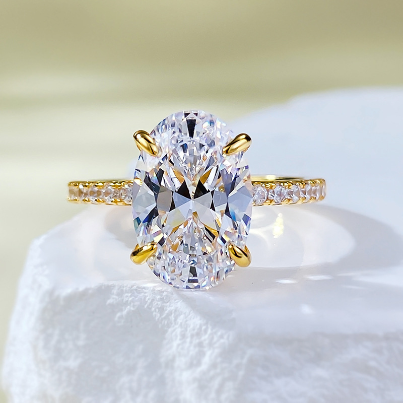 MIKAMU Jewelry S925 Silver Gold-Plated Ring with 8*12 Oval Diamond - Elegant Wedding Ring Gift