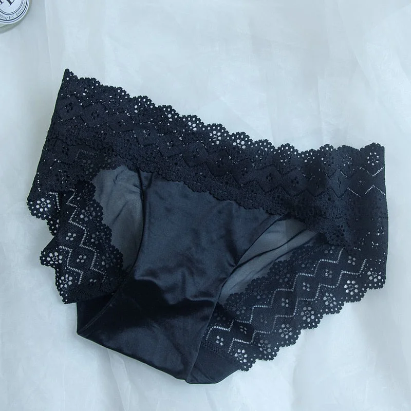 DERUILADY Satin Lace See Through Panties Women Intimates Sexy Hollow Out Underwear Cotton Bottom Seamless Lingerie G String