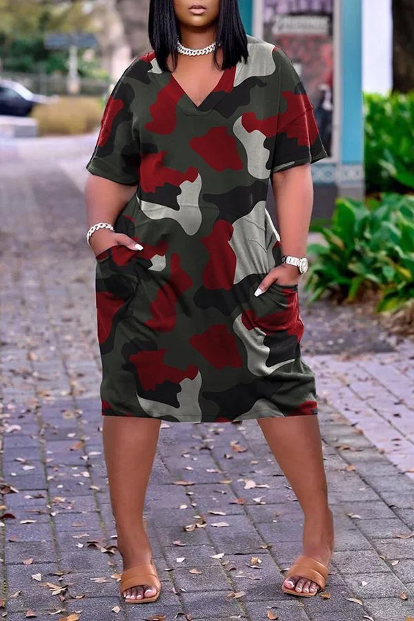 Loose Camouflage Print V-neck Casual Pocket Dress