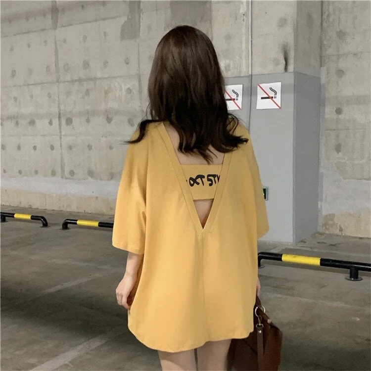Harajuku Korean T Shirt Women letter print Back hollow t-shirts Fashion oversized gray Tee Gothic Clothes long Shirt Black Tops