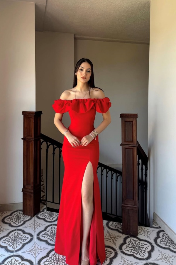 Off-The-Shoulder Red Split Ruffles Prom Dress | ZT0450