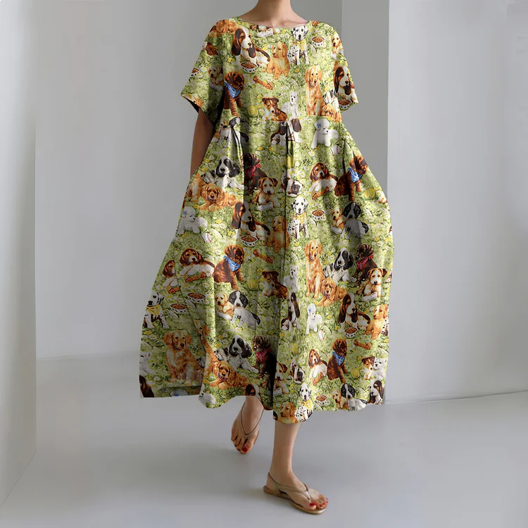 Abstract Dog Running On The Grassland Print Loose Midi Dress