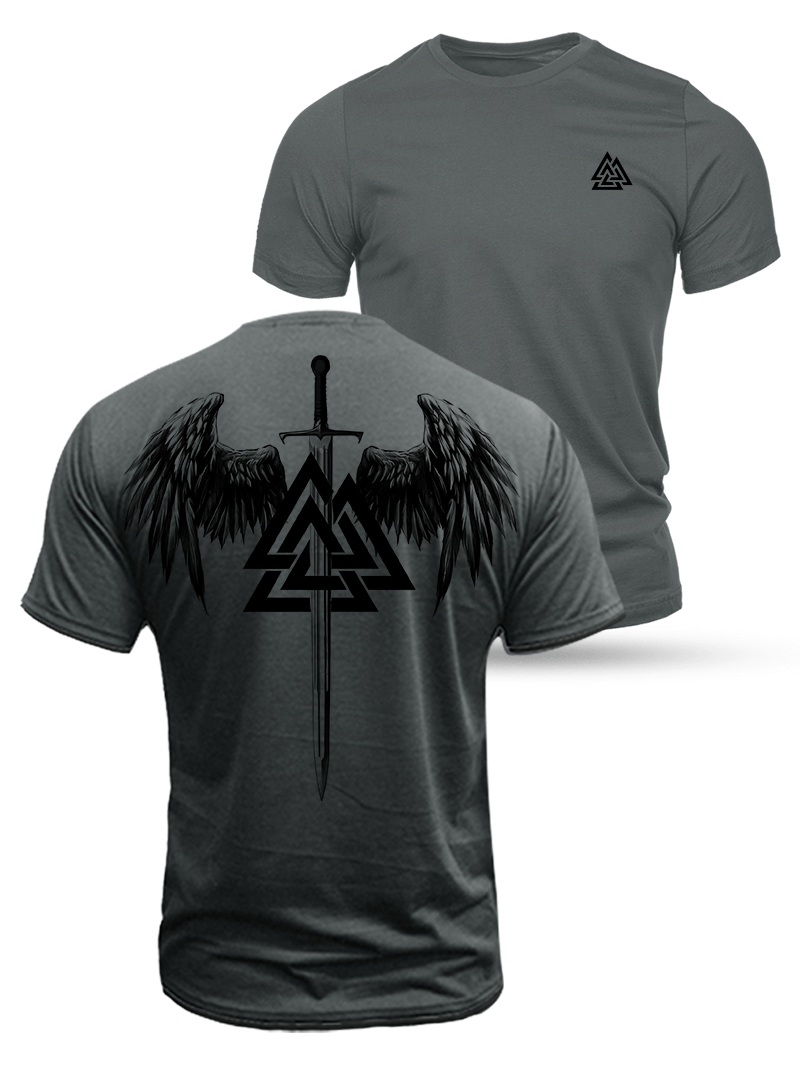 Viking Valkyrie Symbol with Odins Valknut Duplex Printing Cotton T-Shirt