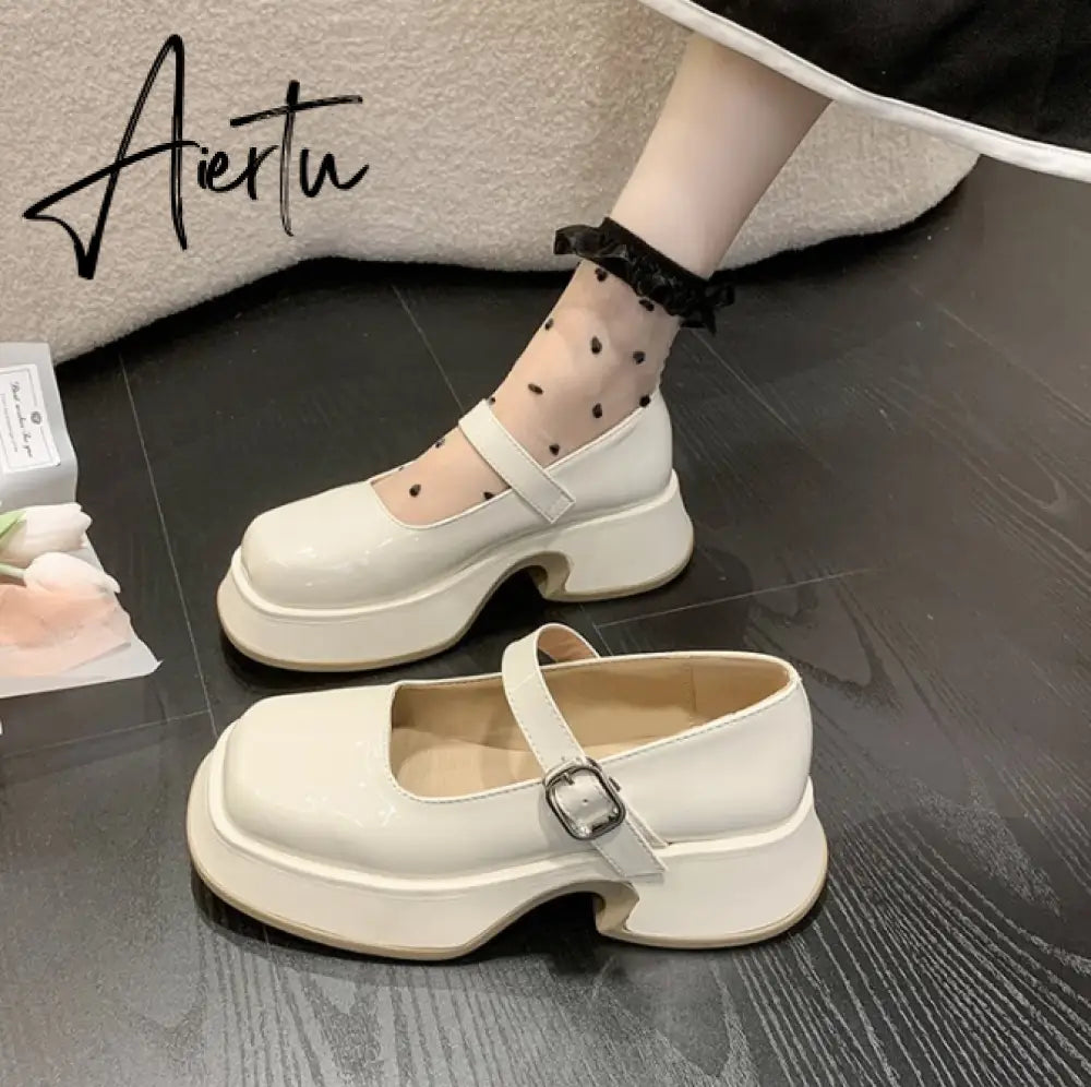 Aiertu Retro Mary Janes Leather Pumps Med Heel Square Toe Buckle Sandals Summer Autumn Fashion Women Shoes Heels 4 cm Aiertu