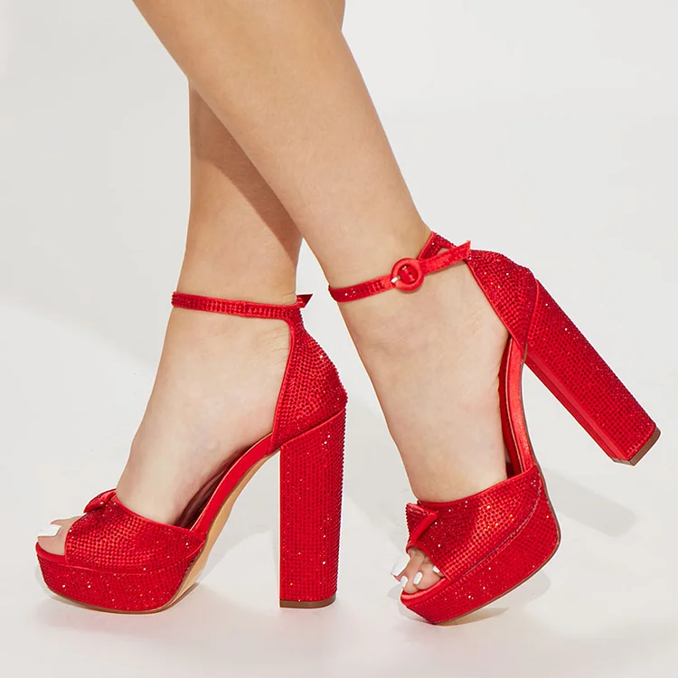 Elegant Red Rhinestone Peep Toe Platform Chunky Heel Sandals Vdcoo