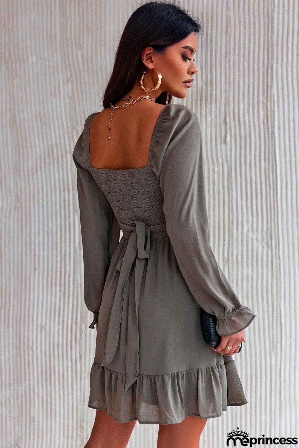 Smocked Long Flounce Sleeve Ruffle Hem Dress