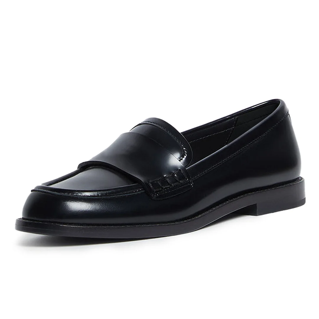 Black Vegan Leather Round Toe Flat Comfy Loafers for a Formal Outfit