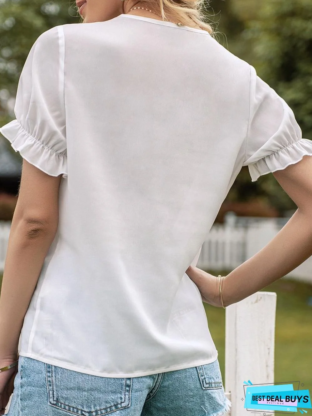 Lace V Neck Bubble Sleeve Shirt