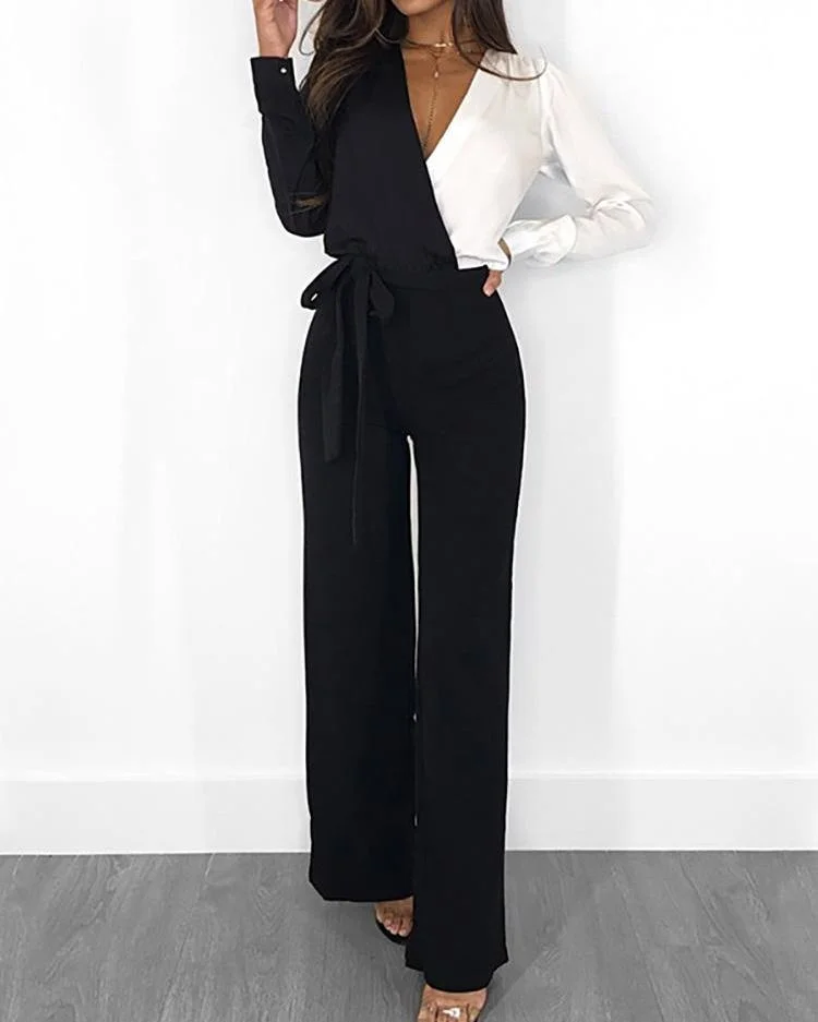 V Neck Colorblock Long Sleeve Belted Casual Jumpsuit P7822733021