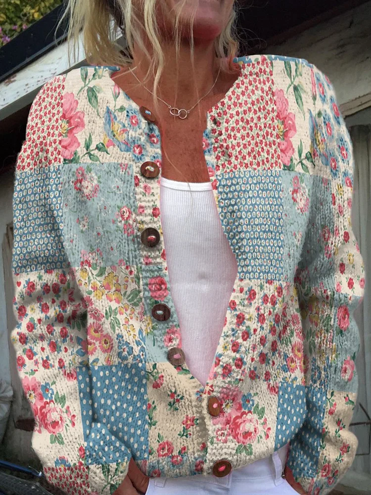 Floral Graphic Collage Decorative Pattern Buttoned Cardigan Sweater