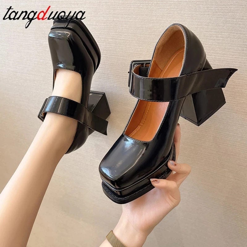 Thick Sole Mary Jane Shoes 2022 Spring Women's Square Toe Leather Shoes  High Heels Velcro Wedges Party Pumps Punk Shoes