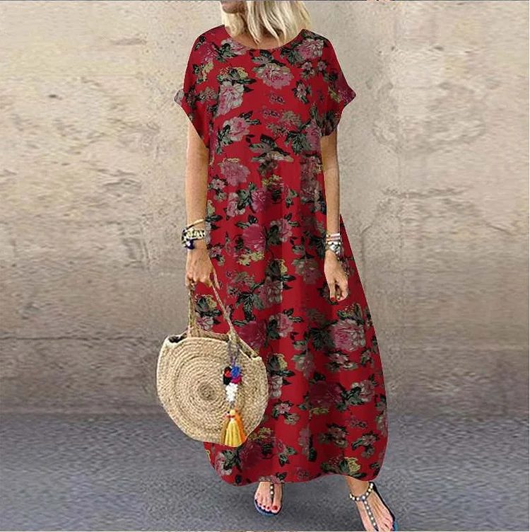 Women's Vintage Dress Crew Neck Short Sleeve Floral Print Maxi Dress