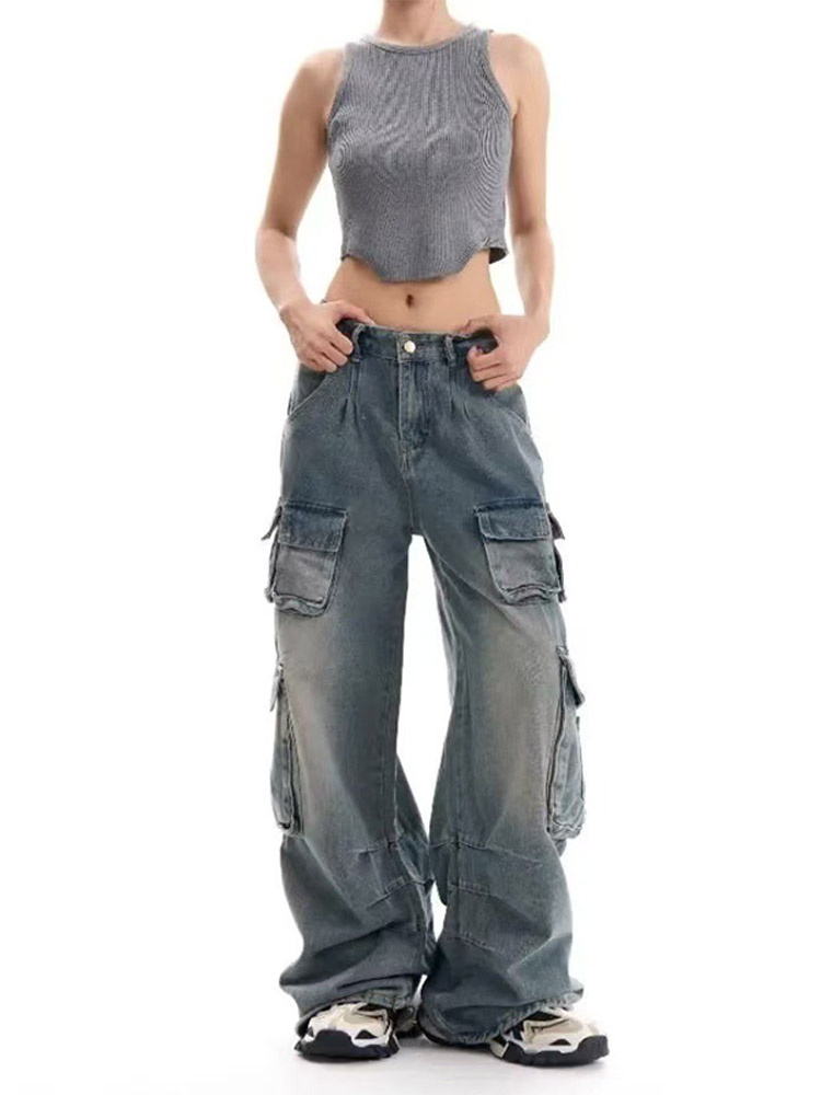 Quantumsparkhub Retro Multi-Pocket Wide Leg Jeans – Low Waist Workwear Pants for Women  
