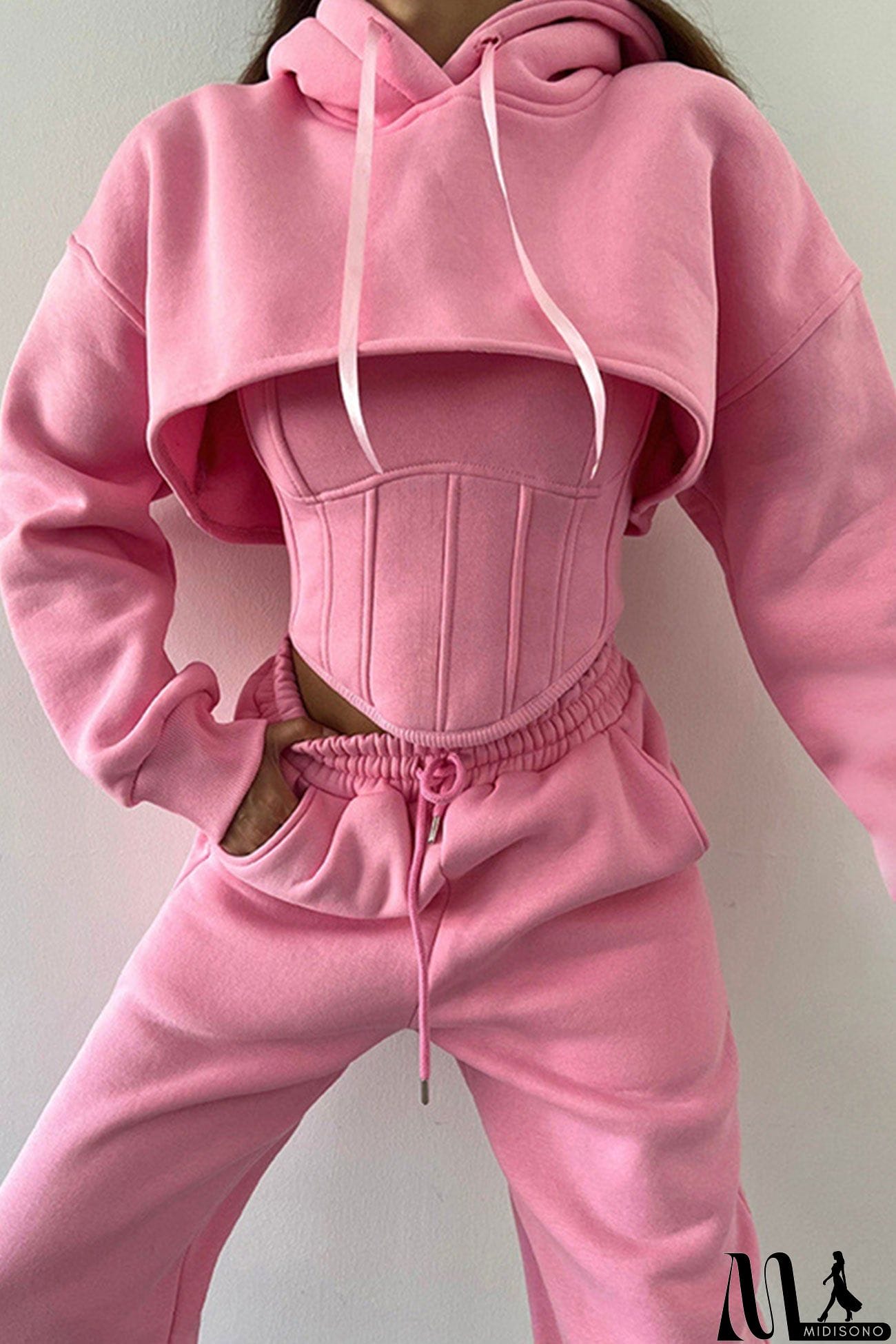 MidiSono - Cover-up Hoodie Corset Vest Three-piece Pants Suits