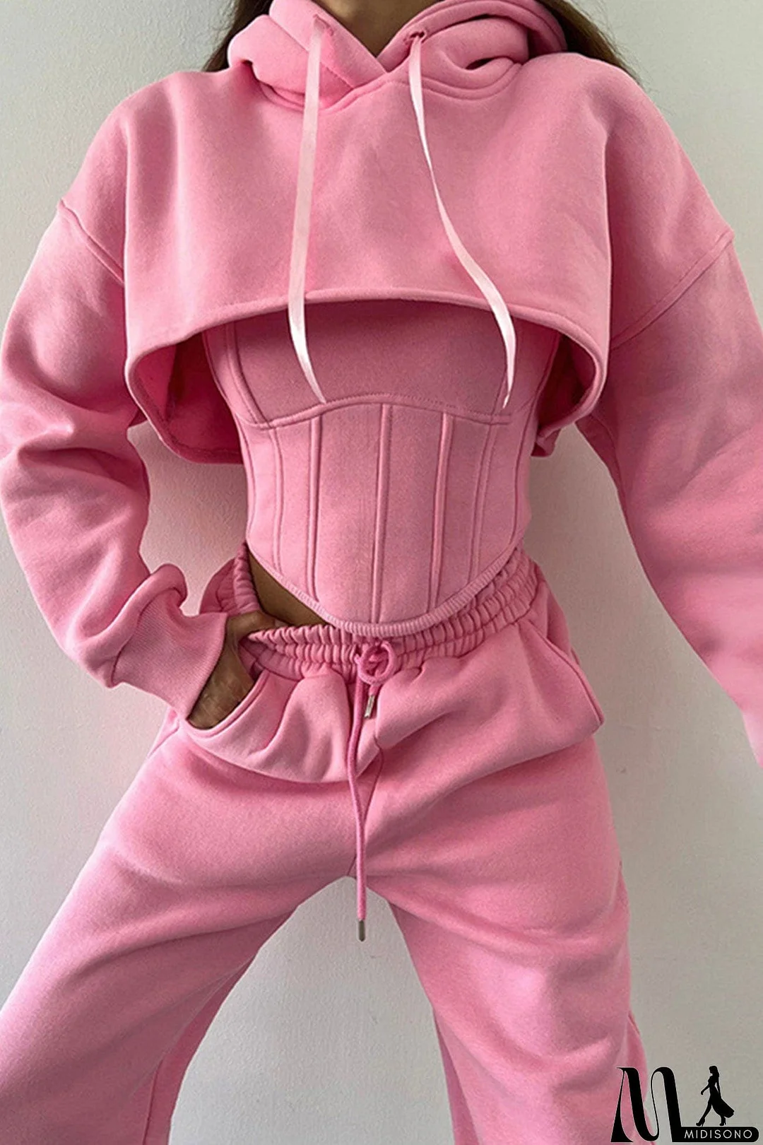 MidiSono - Cover-up Hoodie Corset Vest Three-piece Pants Suits