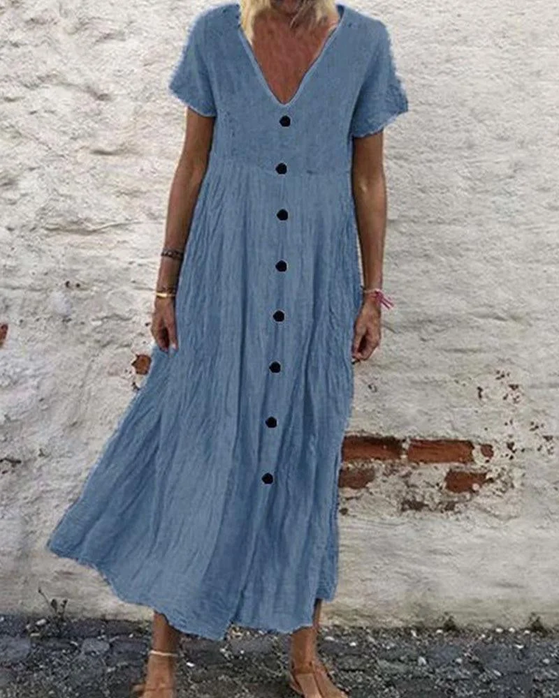 Cotton Linen V-neck Button Vintage Dress