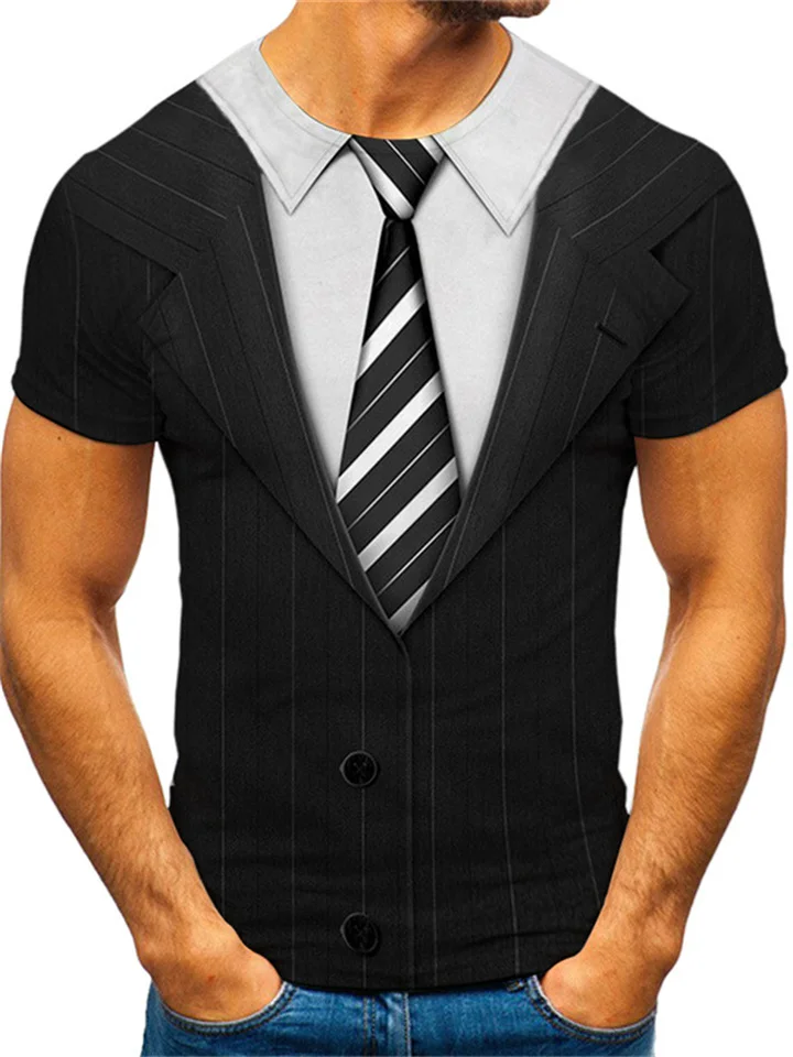 Men's T-shirt Fashion Suit Fake Two Pieces 3D Printing Men's Slim Top S-4XL-Cosfine