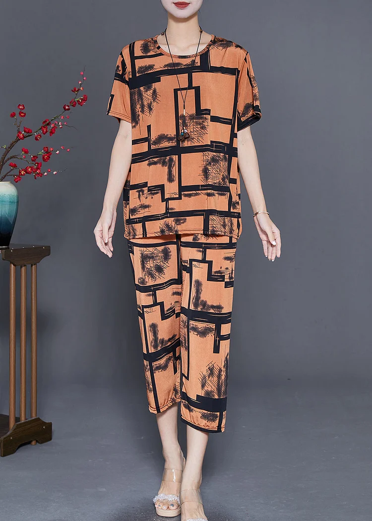 Coffee Print Ice Silk Two Pieces Set Oversized Summer