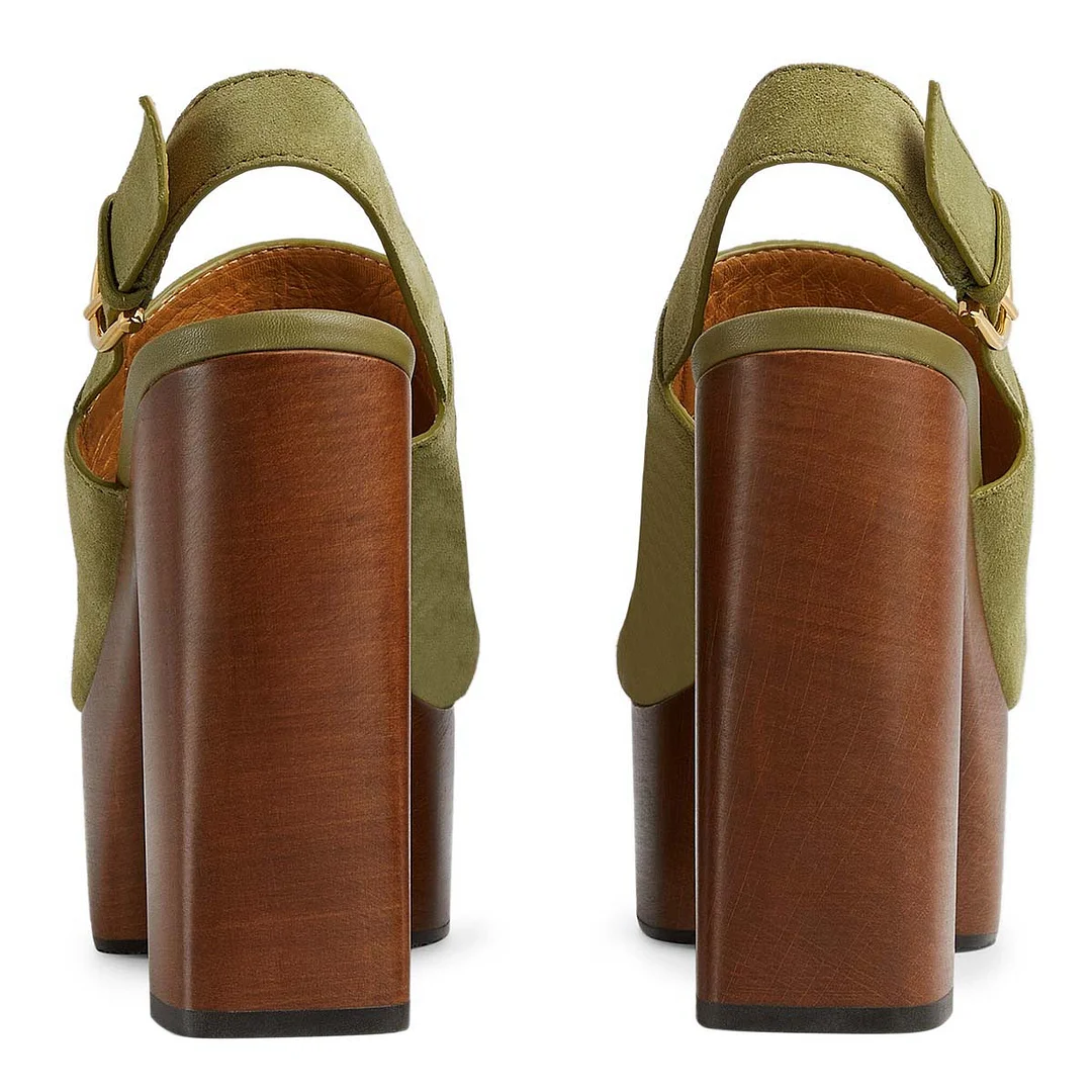 Olive Open Round Toe Slingback Women's Heel Sandals with Platform