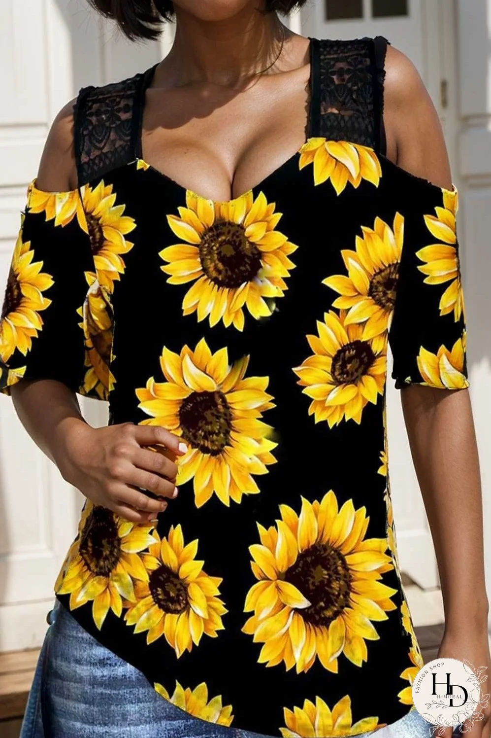 sunflower print off shoulder hollow wide shoulder strap t shirt