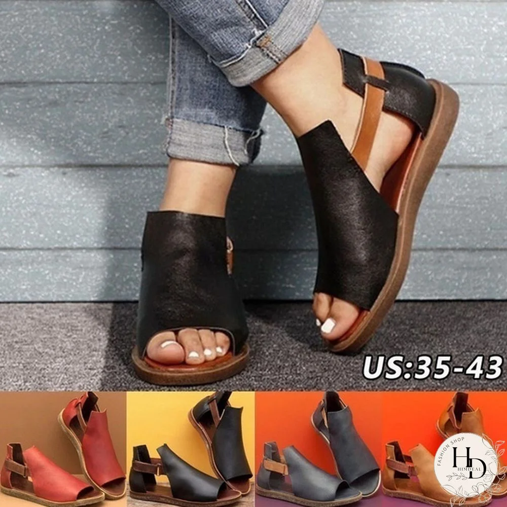 Women Fish Mouth Leather Sandals Flat Heel Beach Slippers Open Toe Shoes