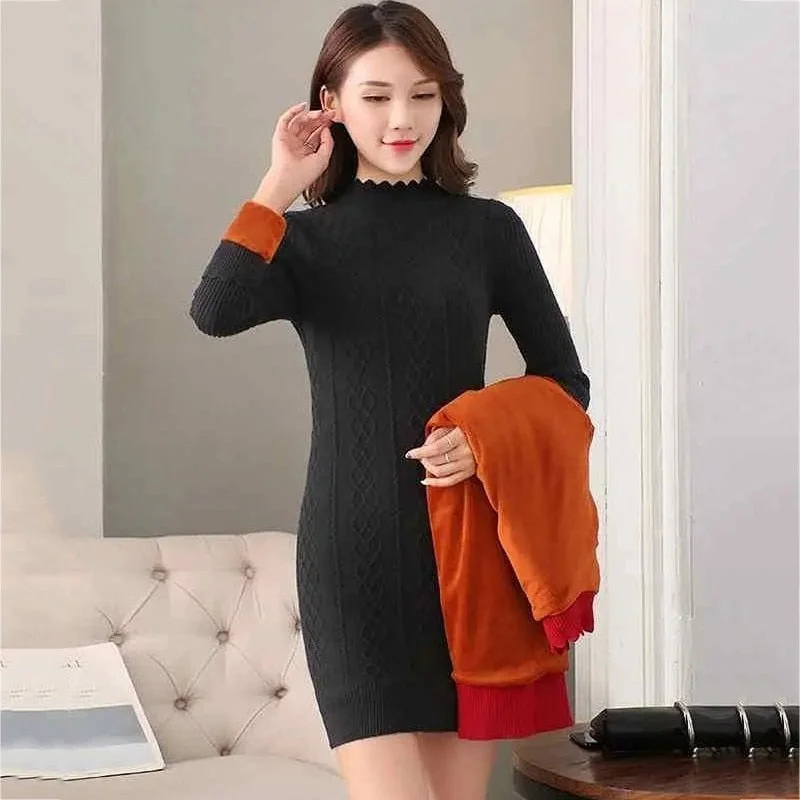 Autumn Winter Solid Knitted Sweater Dresses New Women Fashion Turtleneck Pullover Female Knitted Dress Vestidos Plus size 3XL
