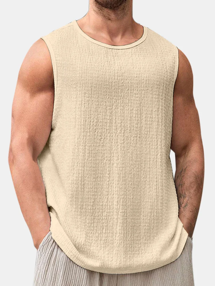 Men's Summer Solid Color Daily Puff Wrinkle Sleeveless T-shirt