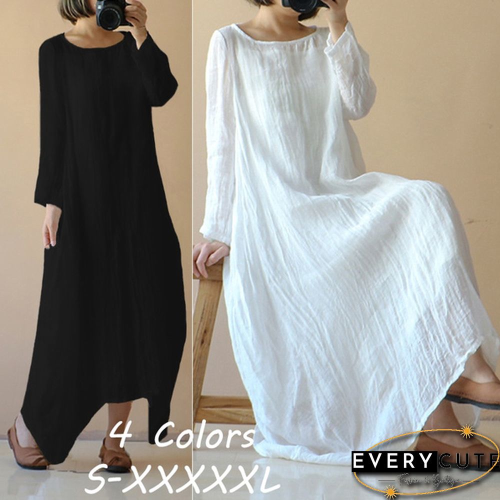 Womens Spring Light Comfy Cotton O Neck Solid Long Sleeve Long Shirt Dress Plus Size