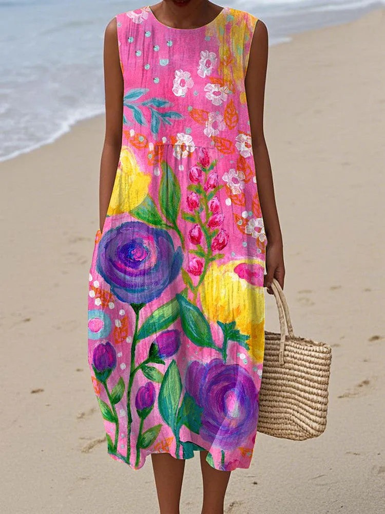 Women's Vintage Flowers Art Print Sleeveless Cotton Pocket Wrap Dress