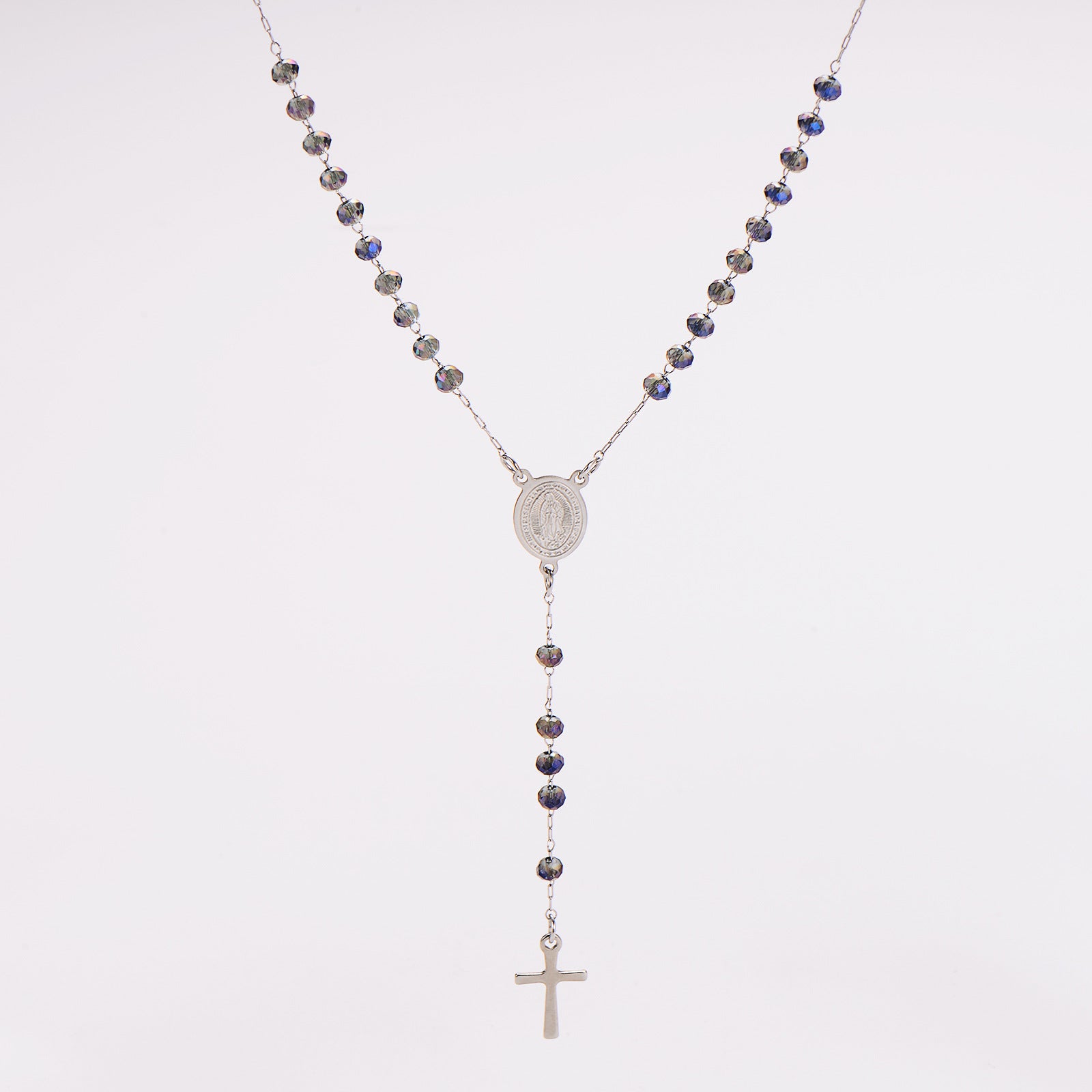 Aml Dopamine Color Crystal Beads Double-Sided Catholic Saint Benedict Portrait + Holy Medal Stainless Steel Long Necklace