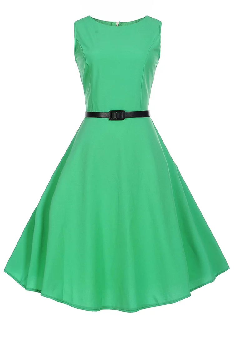 1950s Green Casual Solid Color Fitted Waist Swing Midi Dress (With Belt)