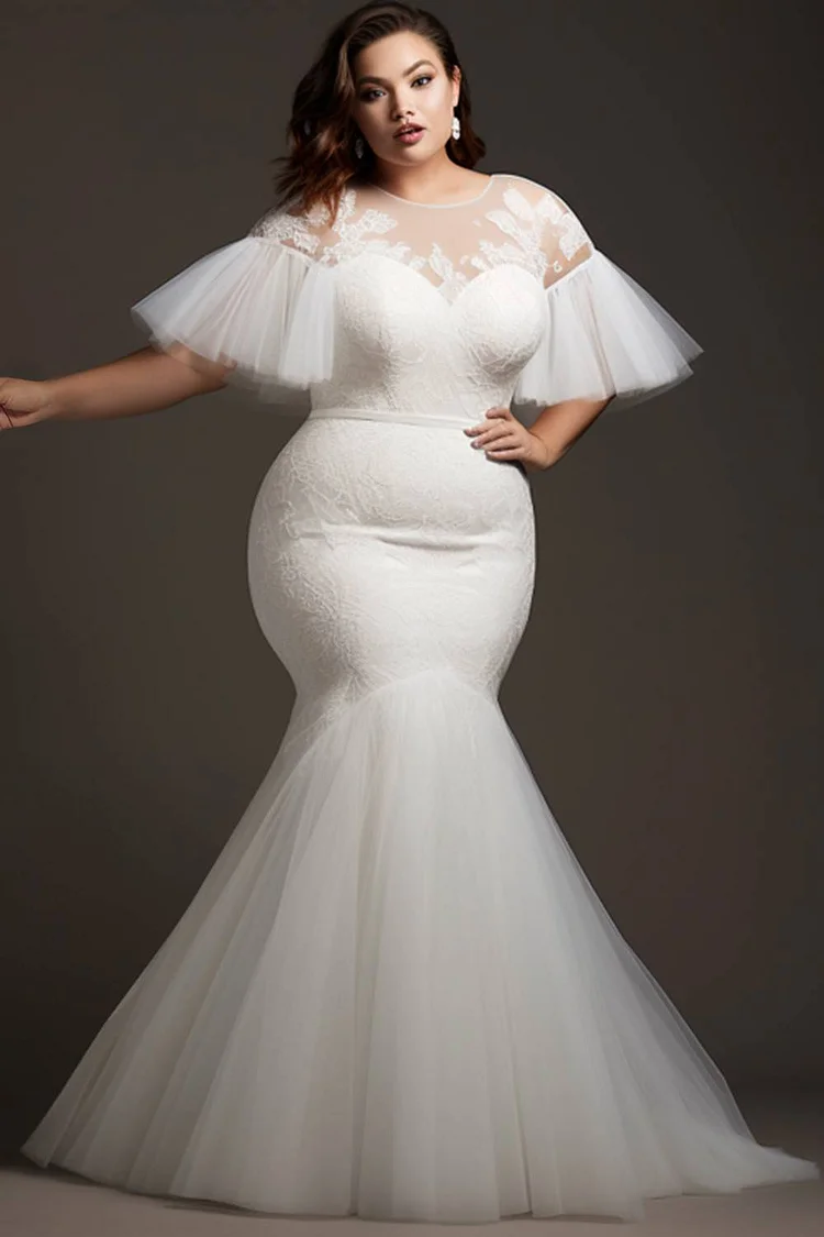 Xpluswear Design Plus Size Wedding White Round Neck Flare Half Sleeve See Through Mermaid Lace Maxi Dresses [Pre-Order]