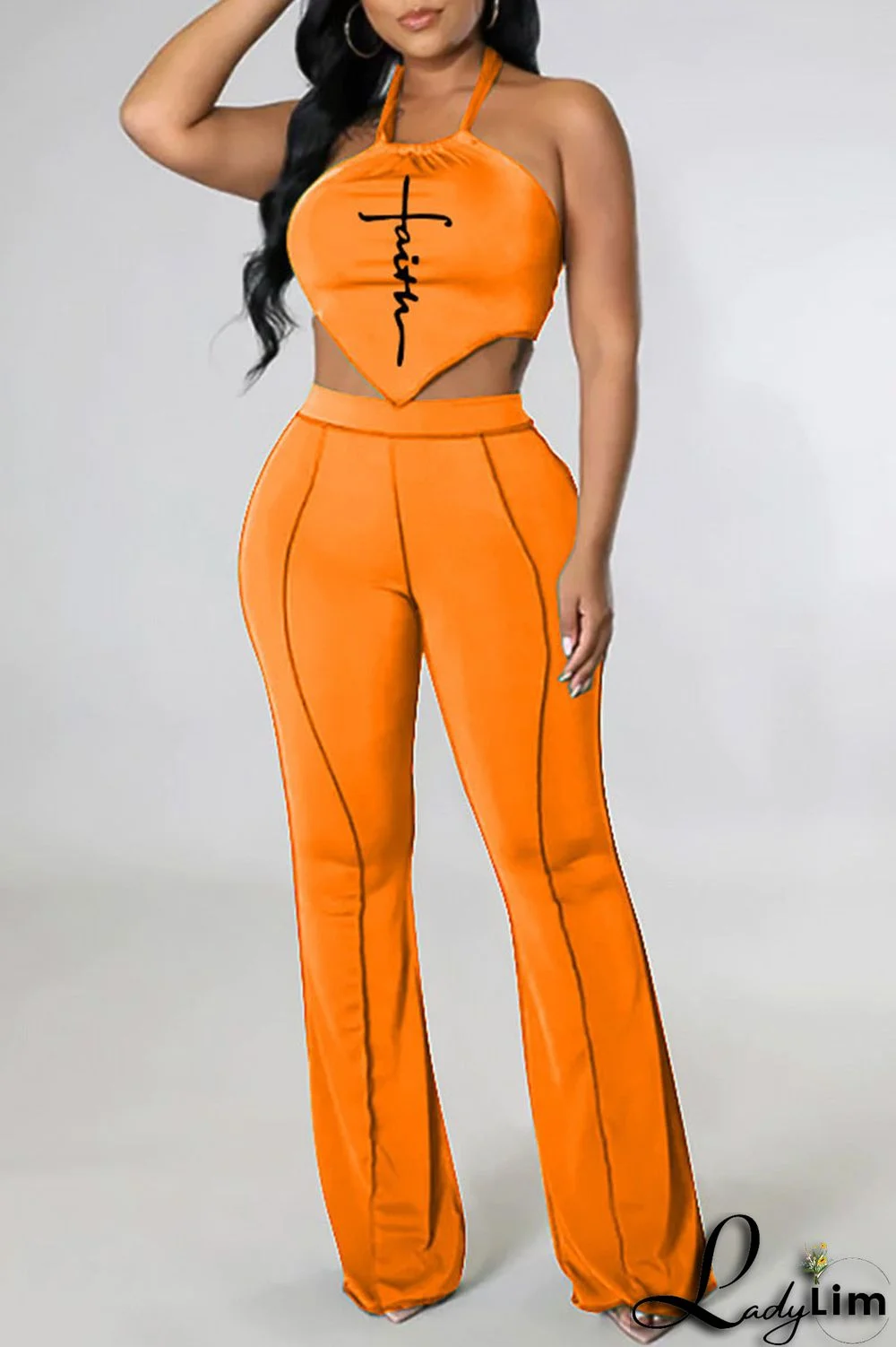 Orange Sexy Print Backless Asymmetrical Halter Sleeveless Two Pieces