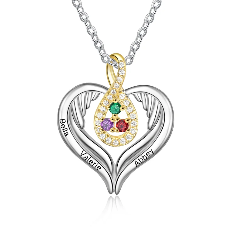 Collar con 3 colgantes de corazón con 3 nombres personalizados y 3 piedras de nacimiento