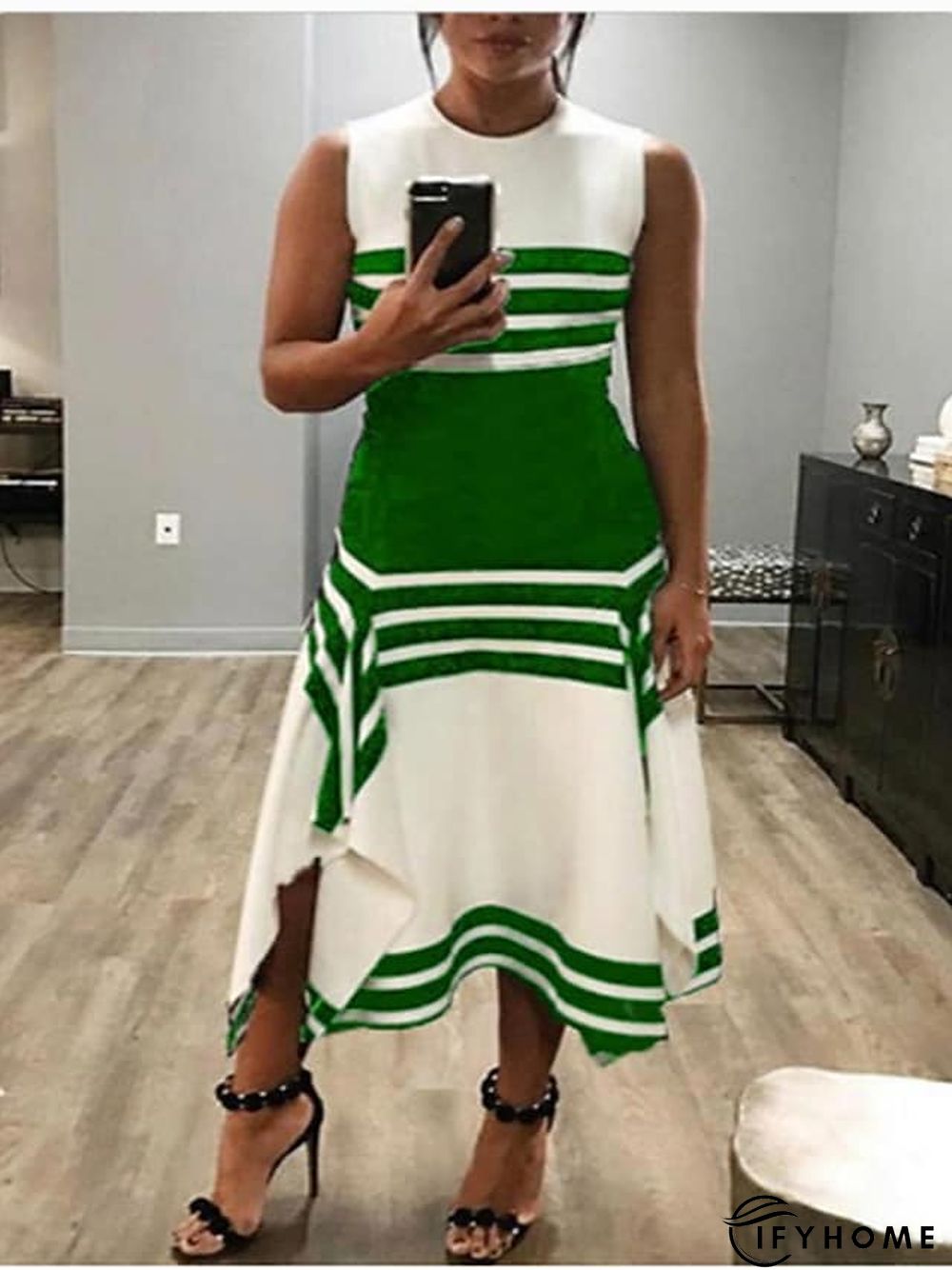 Women's Work Dress Midi Dress White collar stripes Black collar stripes Green Short Sleeve Color Block Print Spring Summer Crew Neck S M L XL XXL XXXL | IFYHOME