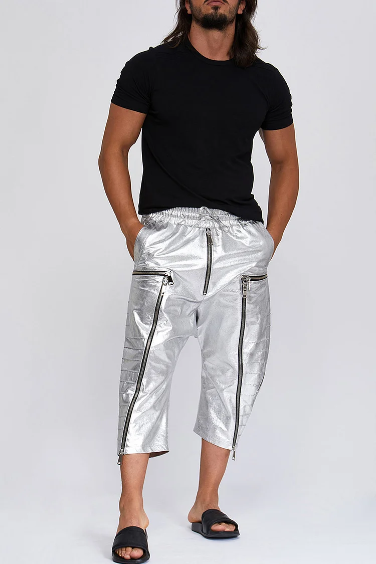 Metallic Trim Zipper Silver Capris Pants [Pre-Order]