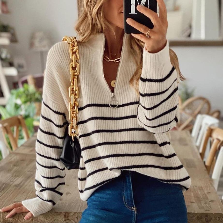Cool Zipper V-Neck Long Sleeve Striped Sweater
