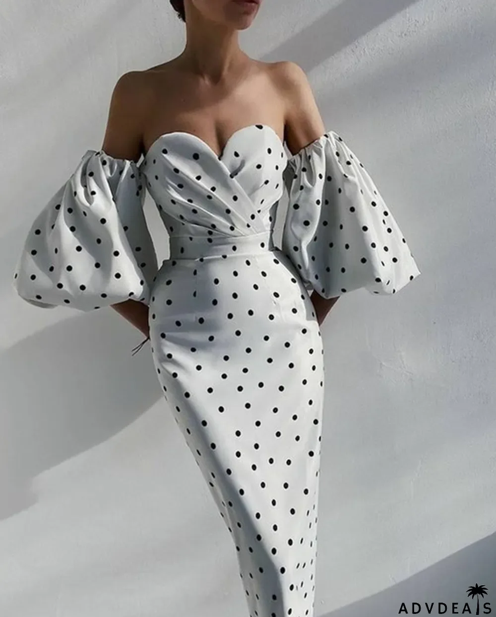 Autumn Occassional Puff Sleeve Strapless Polka Vintage Midi Dress