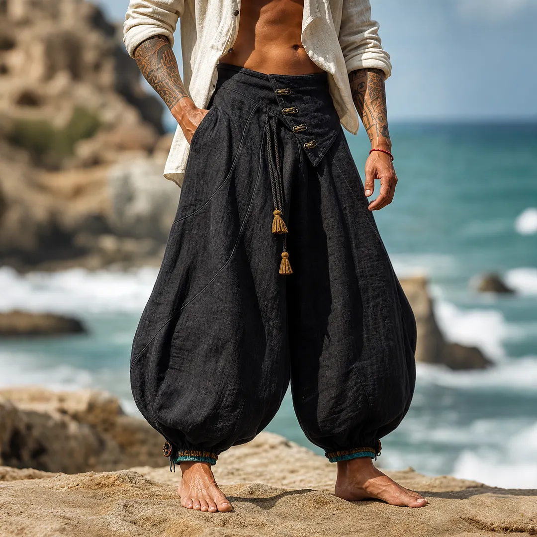 Black Linen-Cotton Blend Baggy Harem Pants With Tassel Detail &ndash; Loose Fit, High-Waisted, Bohemian Style-INSPIREUSE