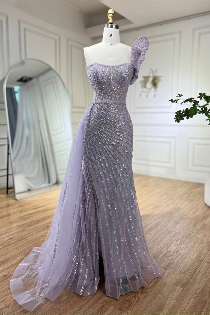 Bellasprom One Shoulder Mermaid Evening Gown Long With Beadings Ruffles Bellasprom