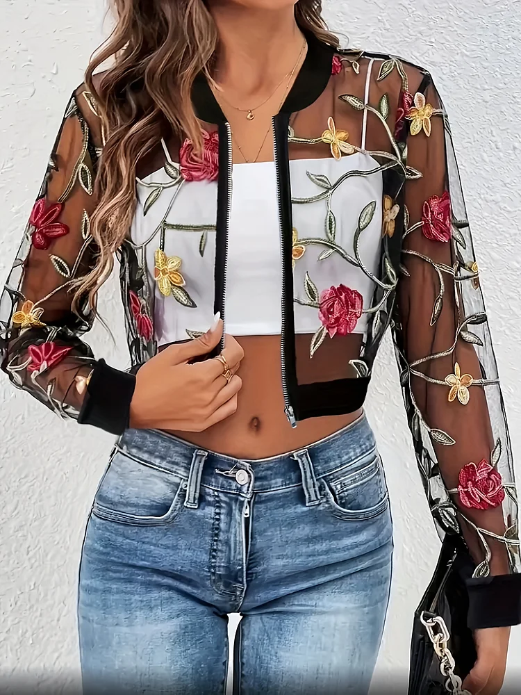 Women's Floral Embroidered Mesh Jacket - Lightweight Baseball Collar Zip-Up Crop Top, Long Sleeve Casual Beach Jacket With Vibrant Red & Pink Flowers, All-Season Versatile Outerwear, Floral Embroidery Jacket, Summer Outerwear, Feminine Style