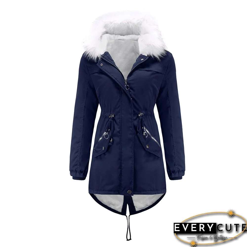 Navy Blue Fur Collar Warm Hooded Parka Coat