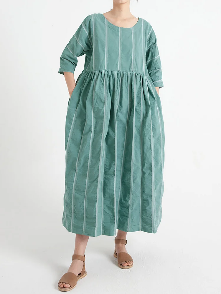 Plus Size Cotton Casual Summer Half Sleeve Roomy Pleated Dress