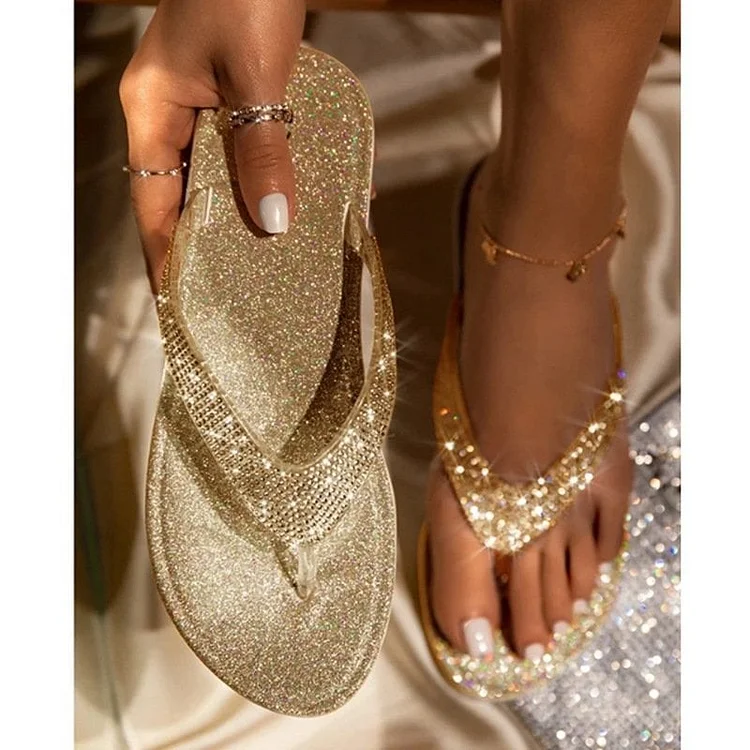 Sequin Summer Flat Rhinestone Slippers 