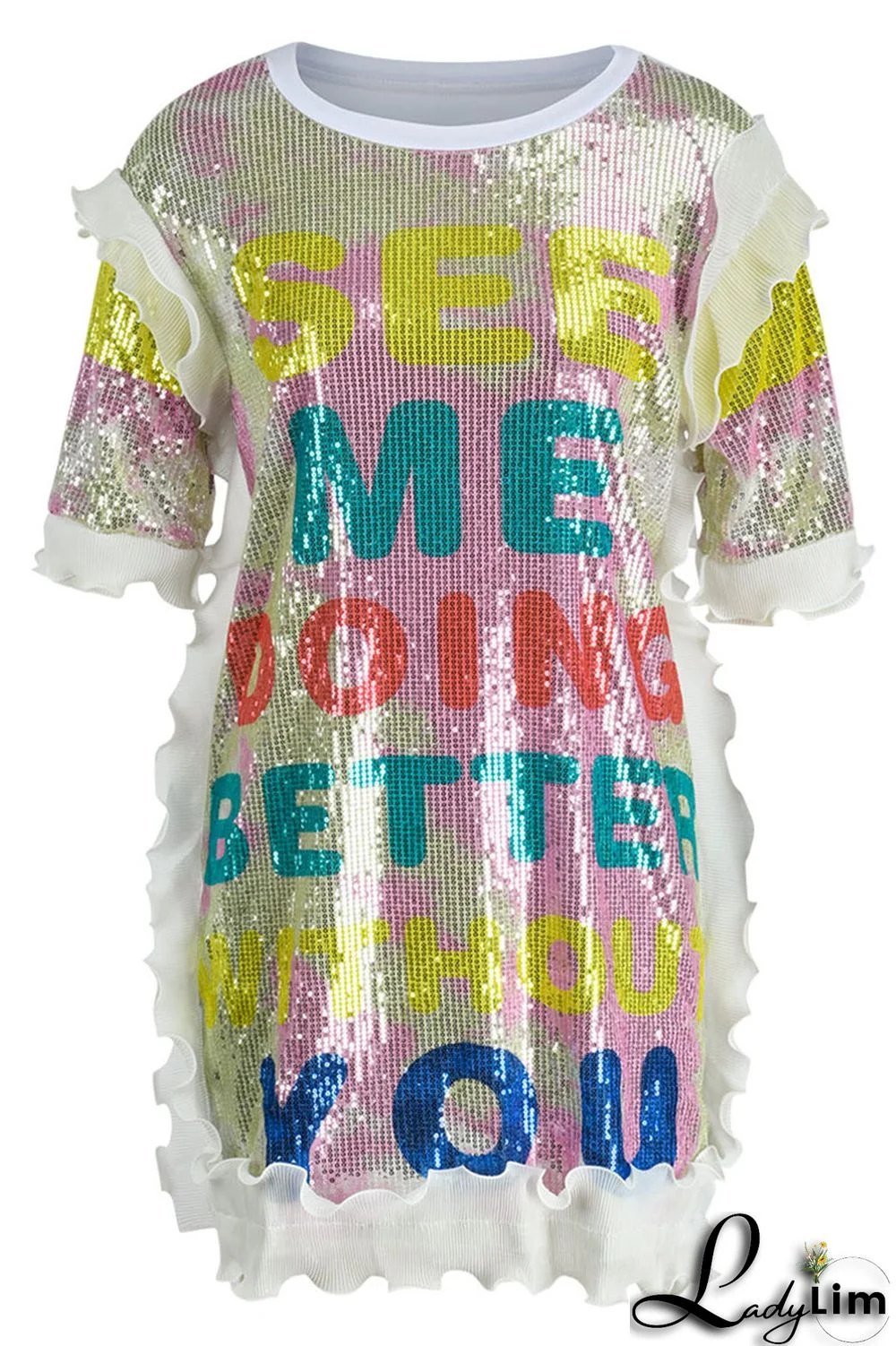 Black Fashion Casual Letter Print Sequins Patchwork O Neck Dresses