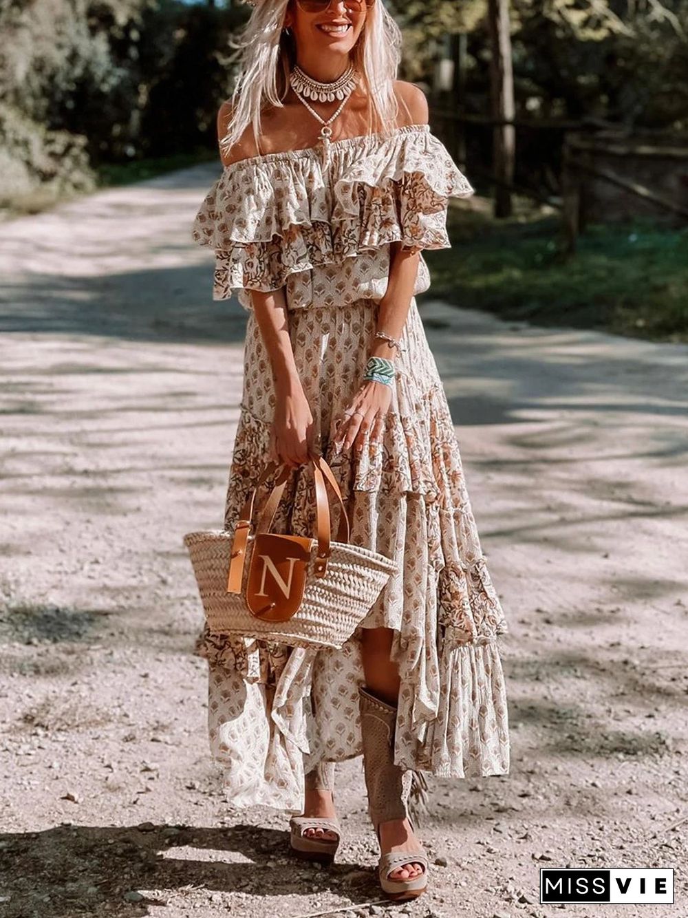 Off-the-shoulder Ruffle Smocked Print Maxi Dress P13702