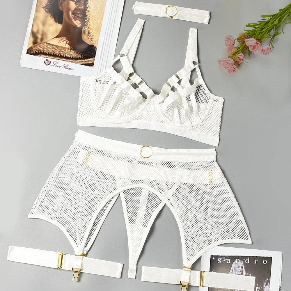 MIRABELLE 3-Piece Mesh Lingerie Set Hollow Out Bra and Panty Sets Sexy Underwear Erotic Costumes Sex Suit Lingerie with Garters