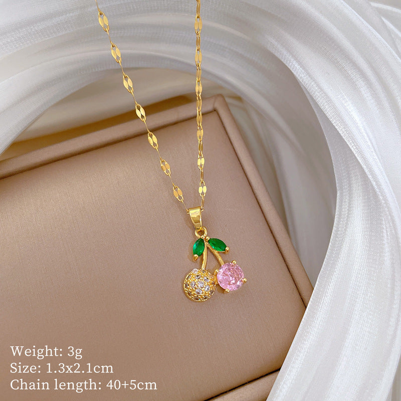 Cherry Pink Diamond Small Fresh Micro-Inlaid Real Gold Necklace Earrings Ins Clavicle Chain Accessories Set