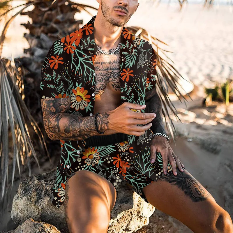 Men's Vintage Fall Leaves Print Shirt Two Piece